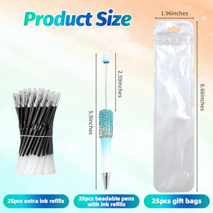75 Pcs DIY Diamond Beadable Pen Kit - 25 Plastic Rhinestone Beaded Pens Bulk with Refills & Bags - Fancy Cute Glitter Pens for Crafting, Students & Teachers – School Supplies (Gradient) - color: Gradient, size: 25