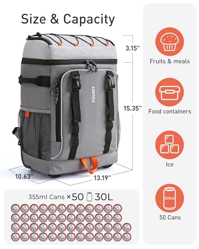 TOURIT 36/50 Cans Insulated Rolling Beach Cooler Backpack with Wheels | Leakproof Waterproof Rolling Backpack, Soft Beach Cooler for Outdoor Camping Picnic Travel - color: 02-Grey, style: 50 Cans