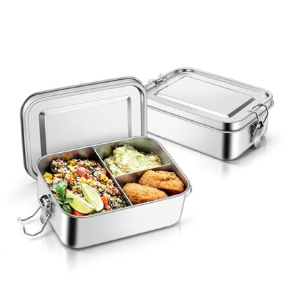 TeamFar 2 Pack Stainless Steel Bento Box, 28oz Metal Lunch Box | with 3 Compartments for Adults/Kids, Lunch Food Containers for School/Work/Meal Prep, Leak-Proof & Dishwasher Safe, 850ML - size: 850ML