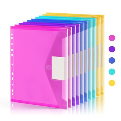 10 Pack File Folders, 11 Ring Binder Folders with Pockets, Plastic Envelopes, Clear Folder for Documents with Label, 3 Ring Binder Pocket Organizer Letter Size A4 Size