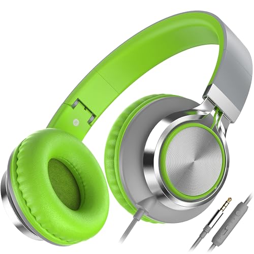 AILIHEN C8 Headphones Wired, On-Ear Headphones with Microphone and Volume Control, Corded 3.5mm Headset for Boys Girl School Smartphones Chromebook Laptop Computer Tablets Airplane Travel (Grey/Green) - color: Grey Green, size: Medium