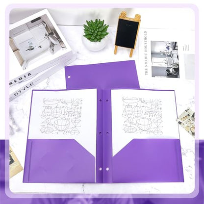 Yeaqee 72 Pcs Plastic Folders with Pockets Bulk 3 Hole Punched 2 Pocket File Folders for 3 Ring Binder Divider Folder for Notebooks, Durable Poly for Office Home (Purple) - color: Purple