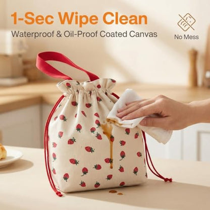 Solid Color & Fruit Print Lunch Bag, Insulated Leakproof Drawstring Pouch with 5mm Anti-Sag Base for Adult Work Commute Picnic (Strawberry Fruit Print) - color: Strawberry Fruit Print