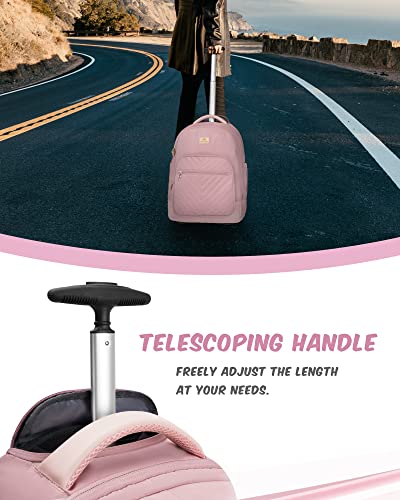 MATEIN Rolling Backpack for Women, 17 Inch Travel Laptop Backpacks with Wheels, Large Carry On Business Luggage Roller Backpack, Waterproof Trolley Suitcase Overnight College Work Computer Bag, Pink | TSA-Friendly Design, Wet Dry separation pocket, Backpa