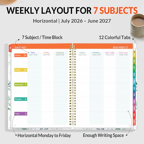 SUNEE Teacher Planner 2026-2027 Academic Year, Lite Lesson Planner Book with 7 Periods Jul 2026 - Jun 2027, 8.5"x11" Daily Weekly and Monthly Organizers, Plan Book with Pocket, Color Tabs, Full Leaf - color: Full Leaf