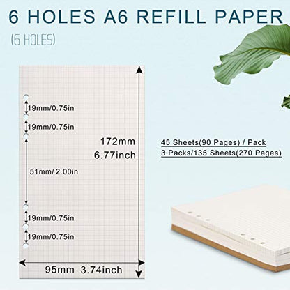 A6 Refill Paper, [3 Pack] Toplive 100GSM Thick Refillable Paper 6 Hole Filler Inserts Loose Leaf Paper 135 Sheets (270 Pages) for 6 Ring Binder Journal Notebook-Squared Paper - style: Grid 3 Pack