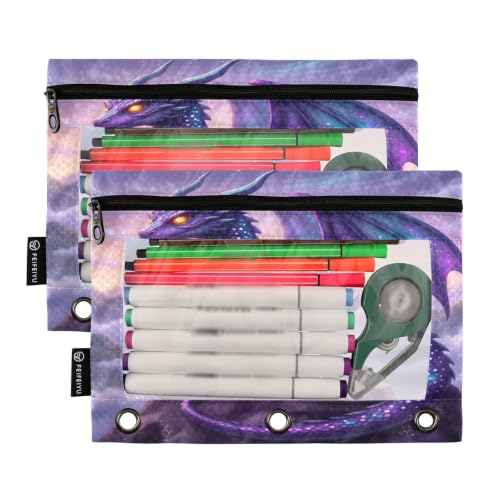 Gredecor 3 Ring Binder Pencil Pouch, Dragon Purple Galaxy Zippered Pen Case Pouches with Clear Window, 2 Pack Stylish Office & School Supplie - color: Dragon Purple Galaxy
