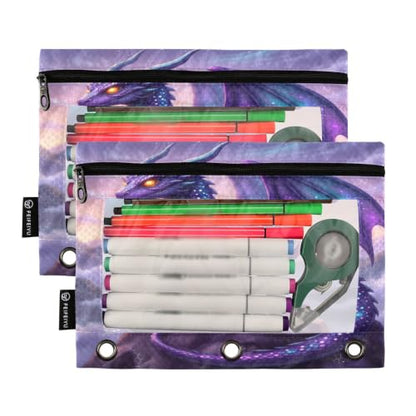 Gredecor 3 Ring Binder Pencil Pouch, Dragon Purple Galaxy Zippered Pen Case Pouches with Clear Window, 2 Pack Stylish Office & School Supplie - color: Dragon Purple Galaxy