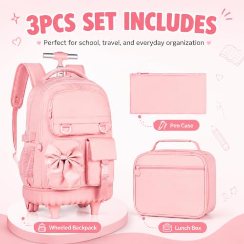 3Pcs Rolling Backpack for Girls Women, School Kids Roller Bookbag with Wheels, Wheeled Backpacks Set for Elementary (Pink) - color: Bow Pink