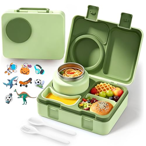 Bento Box for Kids, Leakproof Kids Bento Lunch Box Container with 8oz Insulated Thermo Food Jar, Sauce Jar, Utensil, DIY Stickers for School Boys Girls, 3-4 Compartments, BPA-Free - color: Pale Grass Green