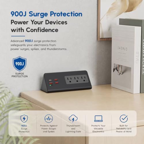 Nightstand Charging Station with PD 20W USB C, Nightstand Edge Power Strip with 3 AC Outlets, 4 Fast Charging USB Ports, Connect 6.56FT Flat Plug, Desk Surge Protector for Office Home Hotel, Black - color: Black