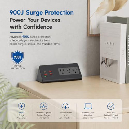 Nightstand Charging Station with PD 20W USB C, Nightstand Edge Power Strip with 3 AC Outlets, 4 Fast Charging USB Ports, Connect 6.56FT Flat Plug, Desk Surge Protector for Office Home Hotel, Black - color: Black
