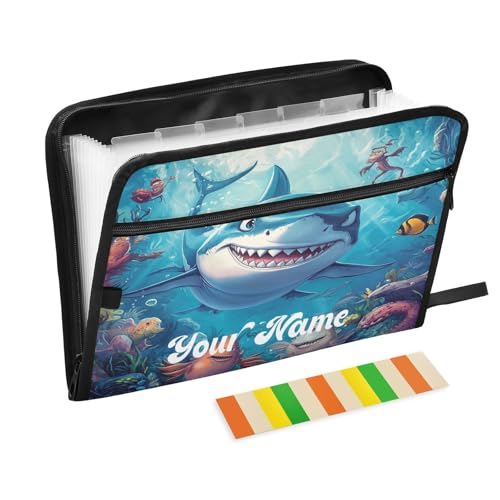 Custom Name Cartoon Shark in Ocean Accordion File Organizer Personalized Text Expanding Document Folder with 13 Pockets Portable File Folder for A4 Letter Size - color: Cartoon Shark in Ocean, size: Custom