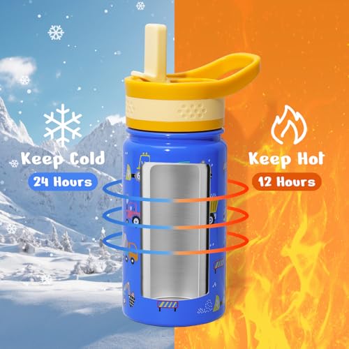 BUZIO 14 oz Kids Water Bottle with Straw Lid, Vacuum Insulated Stainless Steel Metal Thermo Bottles for Toddlers Girls Boys Leak Proof BPA-Free & Lead-Free Flask for School, Blue Construction Car - color: Blue Car