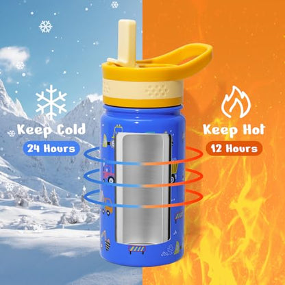 BUZIO 14 oz Kids Water Bottle with Straw Lid, Vacuum Insulated Stainless Steel Metal Thermo Bottles for Toddlers Girls Boys Leak Proof BPA-Free & Lead-Free Flask for School, Blue Construction Car - color: Blue Car