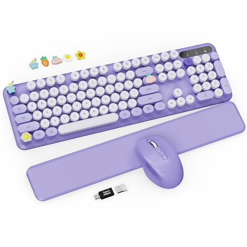 Wireless Keyboard and Mouse Combo - Cute Typewriter Keyboard with Detachable Wrist Rest, Retro Round Keycaps, Foldable Legs, 2.4GHz Full-Size Keyboard for PC, Laptop, Mac, Windows - Trueque (Purple) - color: Purple