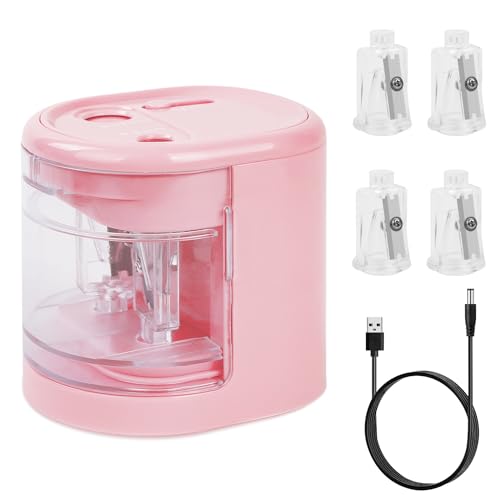 AUAUY Automatic Electric Pencil Sharpener with 2 Hole Sizes, Battery Operated with 4 Knife Holders & Charger, for Standard & Makeup Pencils (Pink) - color: Usb-pink