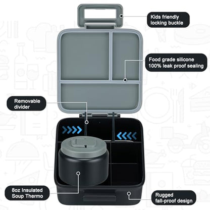 MAISON HUIS Bento Lunch Box with 8oz Soup Thermo, 5-Compartment Leak-Proof Container, Thermo Hot Food Jar and Insulated Lunch Bag, BPA Free,Travel, School (Gray) - color: Gray