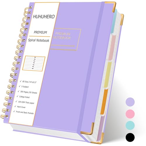 Huhuhero Spiral Notebook Journal, 240 Pages 5 Subject Notebook College Ruled, 7.6" x 10.5", Cute Hardcover Lined Spiral Journals for Work School Writing Women Men, College School Supplies, Purple - color: Purple