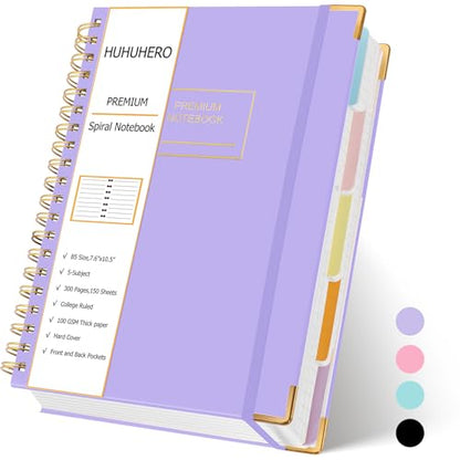 Huhuhero Spiral Notebook Journal, 240 Pages 5 Subject Notebook College Ruled, 7.6" x 10.5", Cute Hardcover Lined Spiral Journals for Work School Writing Women Men, College School Supplies, Purple - color: Purple