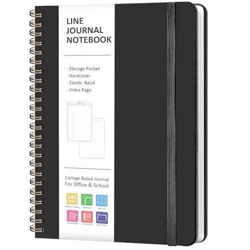 A5 Lined Spiral Journal Notebook, 146 Pages Hardcover Notebook with 100 GSM Thick Paper, Inner Pocket & Elastic Closure, 5.7" x 7.9", Notebooks for Work, School, College, Office, Journaling & Note Taking - color: BLACK
