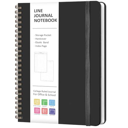 A5 Lined Spiral Journal Notebook, 146 Pages Hardcover Notebook with 100 GSM Thick Paper, Inner Pocket & Elastic Closure, 5.7" x 7.9", Notebooks for Work, School, College, Office, Journaling & Note Taking - color: BLACK