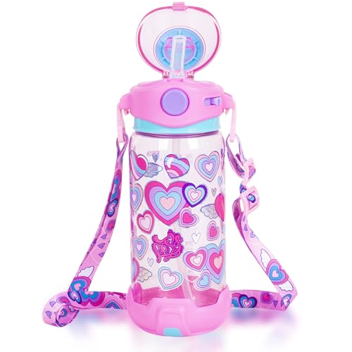 Kids Water Bottle with Straw/Lanyard for School Kids Girls Boys, 22oz BPA Free Child Drinking Water Bottle One-Click-Open Leak-Proof Locking Flip Lid for School Sport Travel - color: H08. Heart
