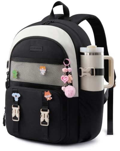 LOVEVOOK Cute School Backpack for Girls Ages 8-14, Lightweight Bookbag with Cartoon Charms & Pins, Back to School Backpack for Elementary & Middle School, Fits 17.3 Inch Laptop and 40oz Tumbler - color: Off-white & Black, size: 17.3 Inch