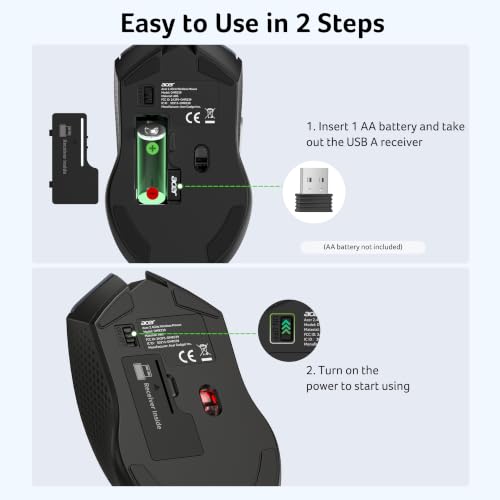 Acer Wireless Mouse for Laptop, 2.4GHz Computer Mouse 5 Adjustable 4000 DPI | Office Cordless USB Mice with USBA Receiver, 6 Buttons, Medium to Large Sized Hands Compatible with PC, Laptop, Desktop