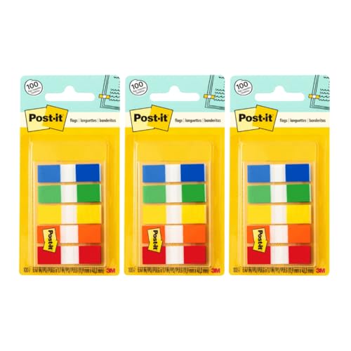 Post-it Flags in Portable Dispenser, 100 Flags/Pack, .47 in x 1.7 in, 20 Each of Red, Bright Orange, Yellow, Green, and Blue (683-5CF) - 3 Pack | 100 Flags/Pack, 5 Colors, 300 total count, blue, green, yellow, orange, red - color: Assorted - 3 Pack