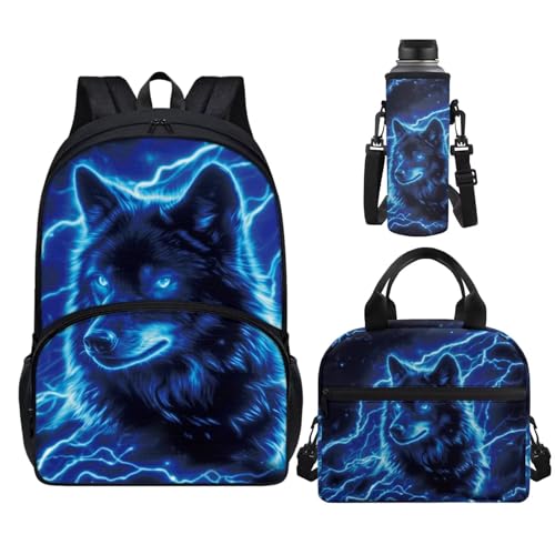Horeset Blue Cool Wolf Kids Backpack Set for Boys Girls 5-16, School Bags & Water Bottle Pouch & Insulated Lunch Tote Bag Bookbag for Camping Travel Sports Set 3 in 1 Back to School Supplies - color: Blue Cool Wolf