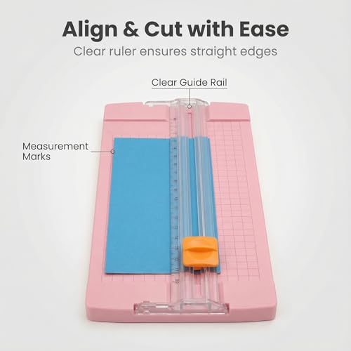 Paper Cutter, Pink Sliding Blade Trimmer with Clear Ruler and Grid Base for Cardstock, Photos, and Craft Projects, Compact Desktop Tool, 1 Pack