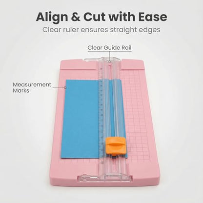 Paper Cutter, Pink Sliding Blade Trimmer with Clear Ruler and Grid Base for Cardstock, Photos, and Craft Projects, Compact Desktop Tool, 1 Pack