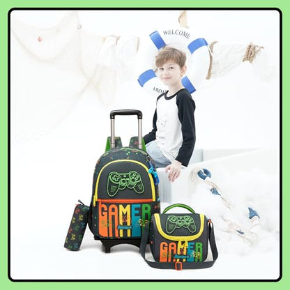 Backpack with Wheels for Boys Rolling Backpack with Lunch Box Pencil Case for Kids Carry On Suitcase with Wheels for Elementary Teens Boys - color: Game 06