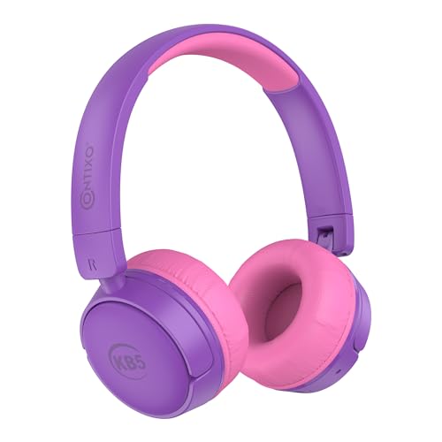 Contixo KB5 Kids Bluetooth Headphones - Wireless Over-Ear Foldable Headphones with Volume Limiter (85dB), Built-in Microphone, Adjustable & Comfortable Design for Boys & Girls - Purple + White - color: Purple