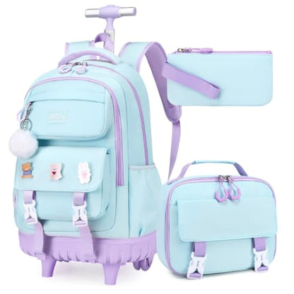 3-IN-1 Rolling Backpack for Girls with Lunch Bag Pencil case, Kawaii Backpack with Wheels for Girls, Roller School Bag with Wheels for Teen Elementary School Bookbags with Cute Pins Aquamarine-Purple - color: Aquamarine-purple