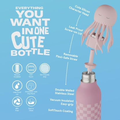 asobu Bestie Bottle Insulated Stainless Steel Water Bottle with Detachable Soft Animal Head Fun Drinking For Kids and Teens with Flexible Reusable Straw 16 Ounce - color: JellyFish