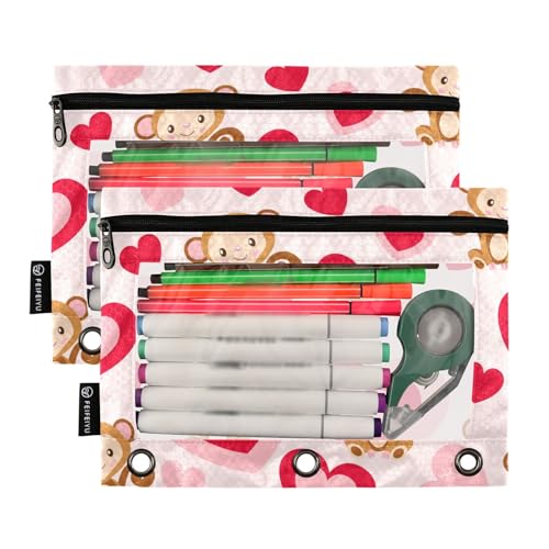 Fustylead Pencil Pouch for 3 Ring Binders, Big Capacity Zipper Pencil Bag with Clear Window Organizer for Cosmetic Office School Supplies 2 Pack (Monkey Love) - color: Monkey Love
