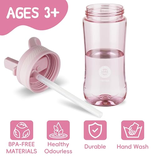 14oz Clear Kids Water Bottle with Straw Lid, BPA-Free Tritan, Measurement Scale, Sturdy Handle Wide Mouth Leak-proof Reusable Plastic Bottle for Boy& Girls, Back to School(Pink) - color: Pink