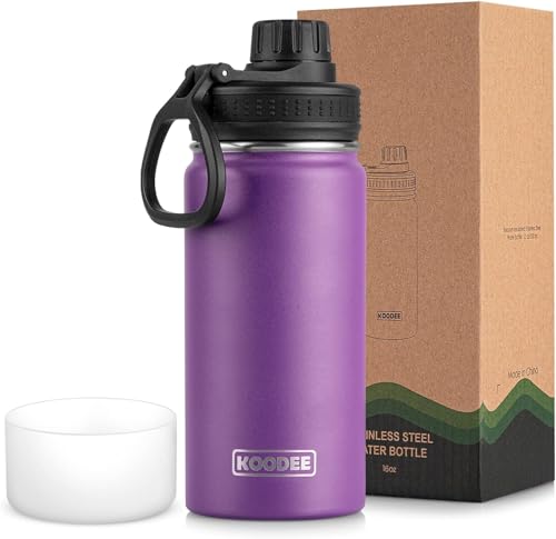 koodee Kids Water Bottle-16 oz Stainless Steel Double Wall Vacuum Insulated Water Bottle for School, Reusable Wide Mouth Sports Water Flask with Leakproof Spout Lid-BPA Free(Purple) - color: Purple, size: 16 Ounces