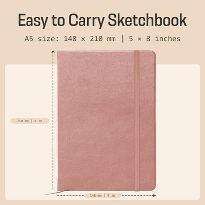BROWNSTONE JOURNALS A5 Sketch Book Hardcover - 80 Sheets 100 GSM Paper 5"x8", Lay Flat, Vegan Leather Cover, Elastic Band, Back Pocket, Art Drawing Book (Rose Wood) - color: Rose Wood, size: A5 (5" x 8")