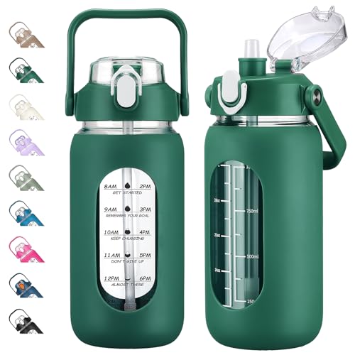 42oz Glass Water Bottles with Straw, Motivational Glass Bottle with Silicone Sleeve and Time Marker, Leakproof Large Glass Water Jug for Gym Home Office, Ink green - color: Ink green, size: 42 Ounces