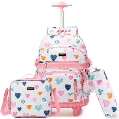 Rolling Backpacks for Kids Backpack for Girls with Lunch Bag Pencil Case 16.5" Kids Backpack with Wheels Roller Backpacks for Girls - color: Baiseaixin