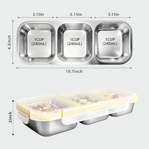 Upgraded Stainless Steel Snack Container for Kids & Adults - Leak-Proof 3-Compartment Stackable Snack Lunch Box for Daycare, School, Work & Travel (3Compartment Yellow) - color: 3 Compartments Yellow-