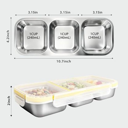 Upgraded Stainless Steel Snack Container for Kids & Adults - Leak-Proof 3-Compartment Stackable Snack Lunch Box for Daycare, School, Work & Travel (3Compartment Yellow) - color: 3 Compartments Yellow-