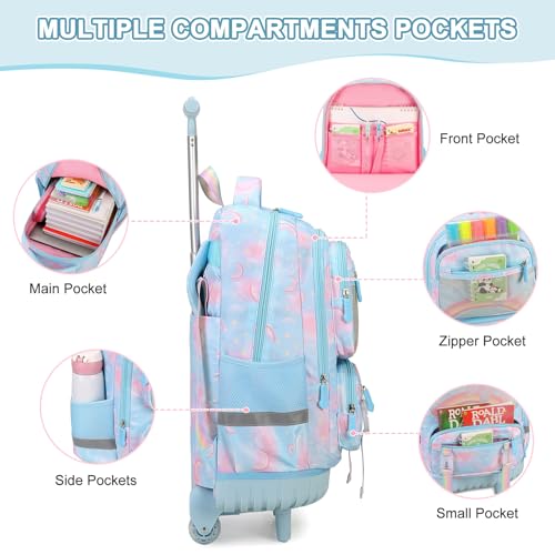 Scothen Rolling Backpack for Girls, 3PCS Roller School Backpacks for Girls with Lunch Bag and Pencil Pouch, Kids Bookbag Schoolbag with Wheels for Teen Girl Kindergarten Elementary Middle School - color: Blue