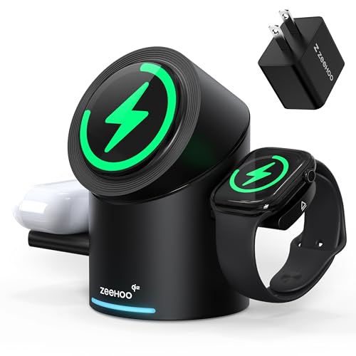 ZEEHOO 3 in 1 Charging Station for Apple Devices, Mag-Safe Charger Stand, Qi2 15W Auto-Rotating Wireless Charger for iPhone 17 16/15/14/13/12 Series& AirPods& iWatch(Black) - color: Black