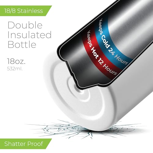 SipX™ 18 oz Insulated Water Bottle with 3 Lids – Leakproof Stainless Steel, Triple Insulated – Cold 24 Hours/Hot 12 Hours – Durable Bottle for School, Gym, Travel – White - color: White, size: 18 Ounces