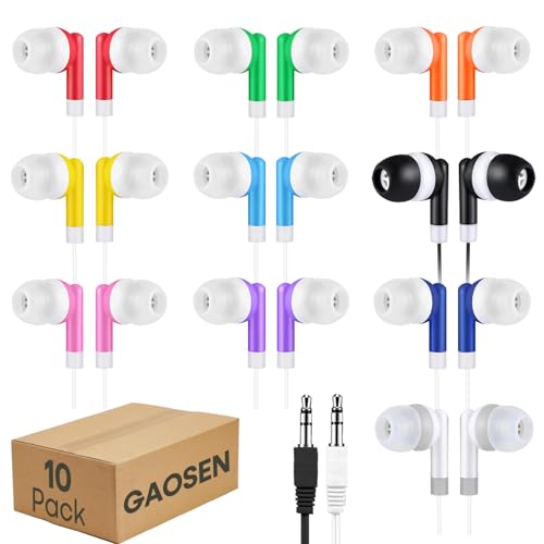 10 Pack Bulk Wired Earbuds for Classroom Students Kids, Multi Colored Class Set School Earphones for Children Toddler Teens Boys Girls and Adult, 3.5mm Jack, in-Ear