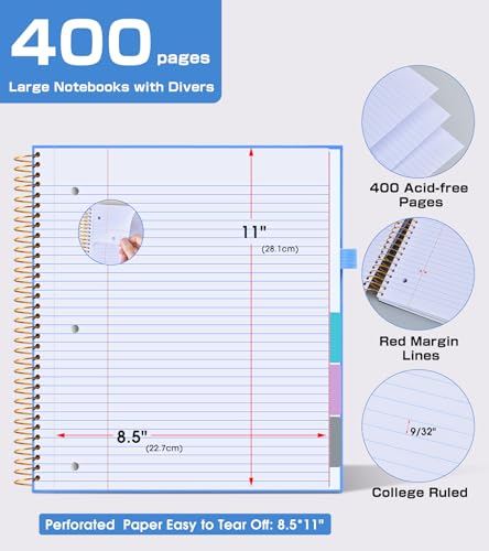 5 Subject Notebook College Ruled,80GSM Paper Thick Hardcover Spiral Notebook Lined Journal with Removable Dividers Tabs,400pages 8.5"x11" Paper Large Notebooks for School Work,3-Hole Punched, Blue - color: Blue